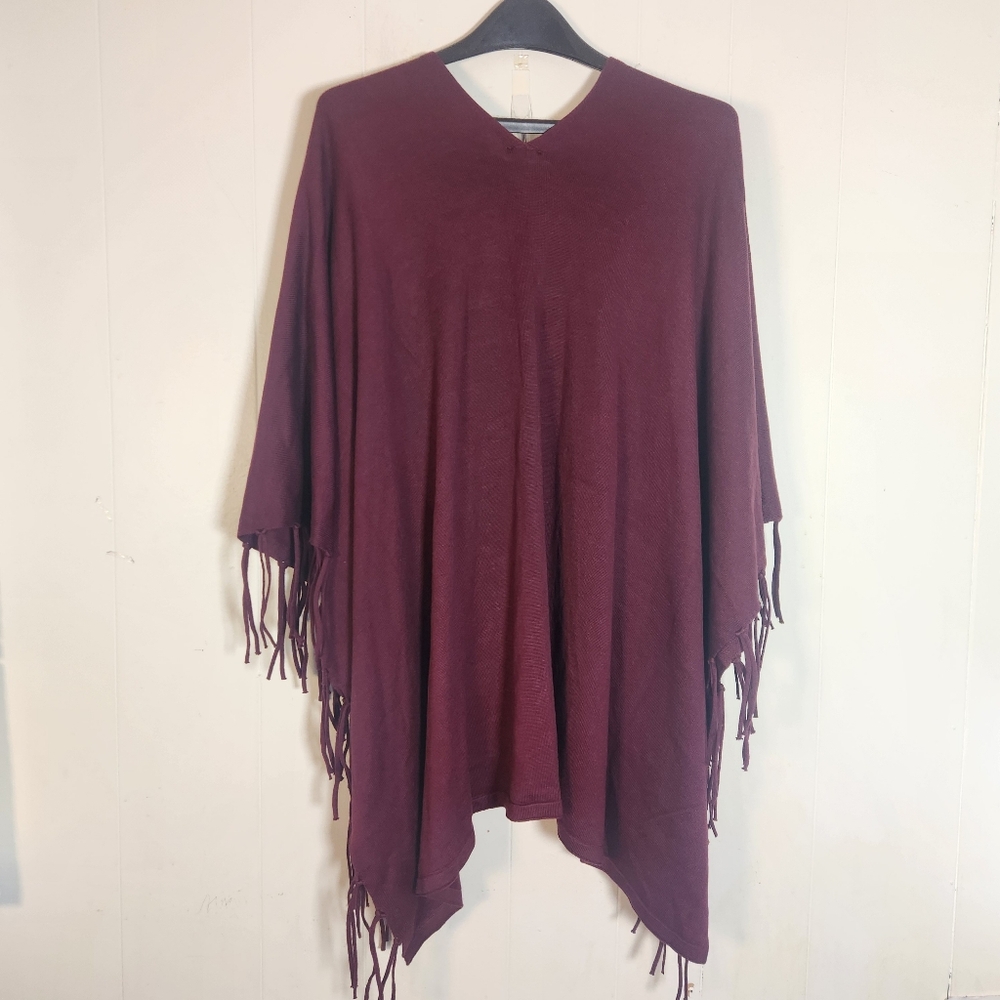 Chicos Monrovia Lace-up Fringe Poncho Shrug One Size Maroon Burgundy - Picture 3 of 14